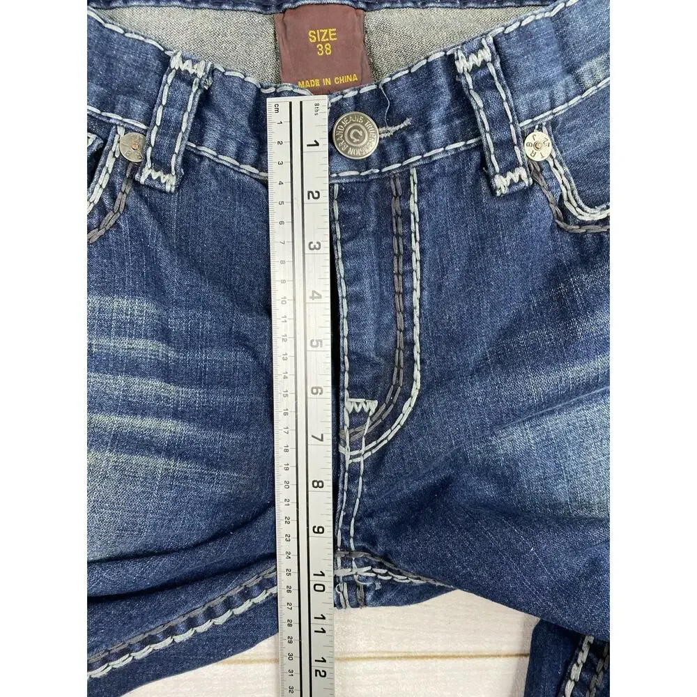 True Religion Billy Jeans 38 Dark Distressed Straight Contrast Embroidery USA